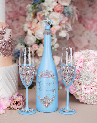 Light Blue with Pink quinceanera bottle with 2 glasses