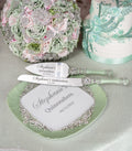 Sage Green silver Quinceanera cake knife set with plate and fork