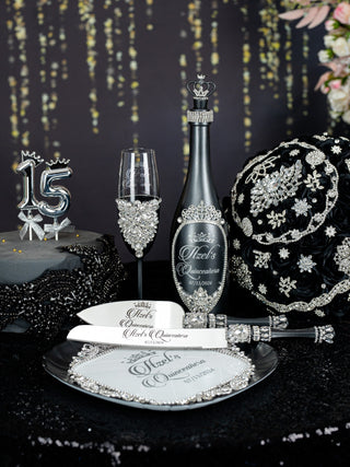 Black silver Quinceanera cake knife set with 1 glass