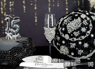 Black silver Quinceanera cake knife set with 1 glass