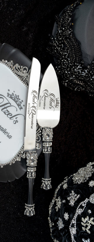 Black silver Quinceanera cake knife and server