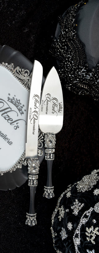 Black silver cake knife and server
