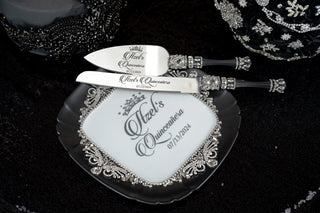 Black silver Quinceanera cake knife set with plate and fork