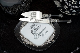 Black silver Quinceanera brindis package with bottle and candle