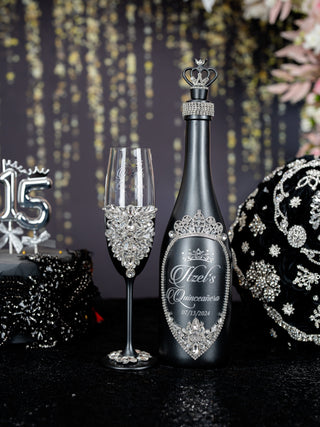 Black silver Quinceanera Bottle with 1 Glass
