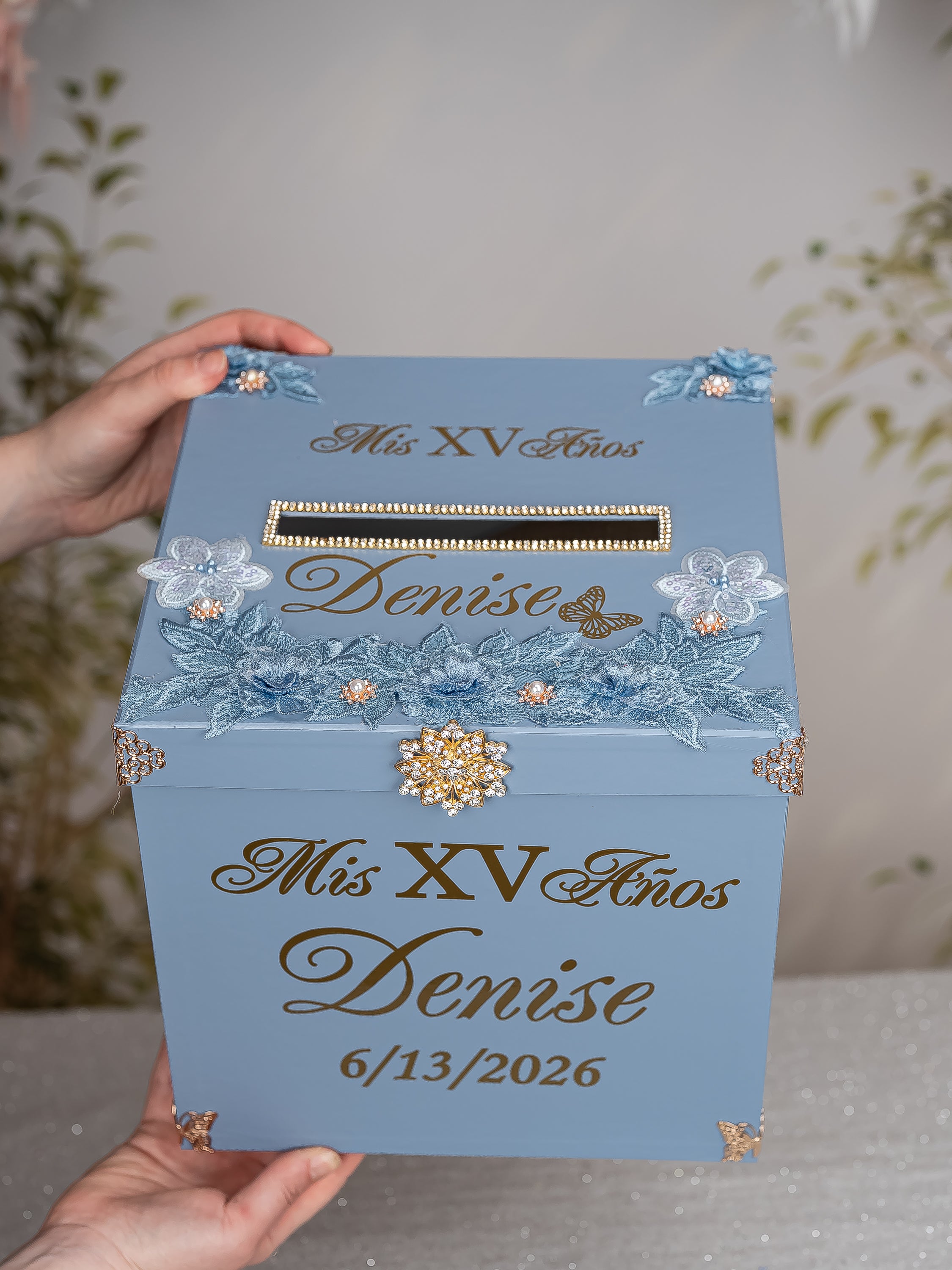 monyhorse × VERDY GIFT BOX Slate Blue Gold Quinceanera Money Card Box / quinceanera-decor