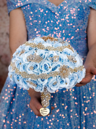Light Blue Gold quinceanera brindis package with bottle and candle