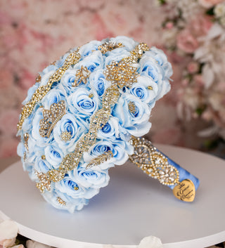 Light Blue Gold quinceanera bouquet 13 inches