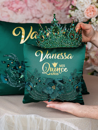 Green Quinceanera crown and tiara pillow