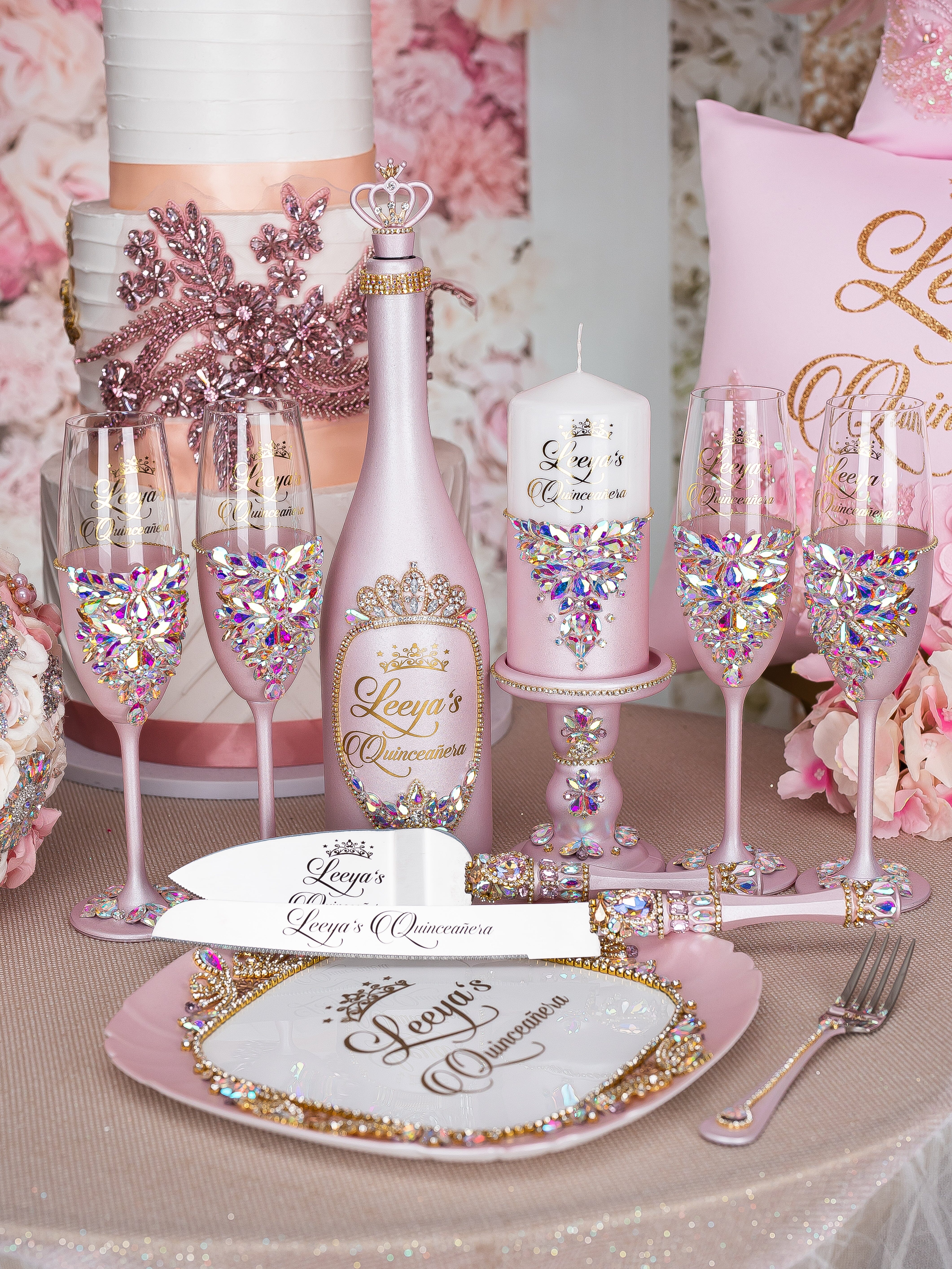 Light Pink Iridescent 4 quinceanera champagne glasses