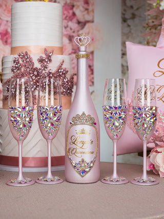 Pink Iridescent quinceanera bottle with 4 glasses