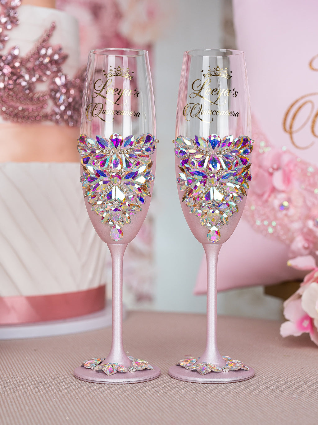 Pink Iridescent 2 quinceanera champagne glasses / quinceaneradecor