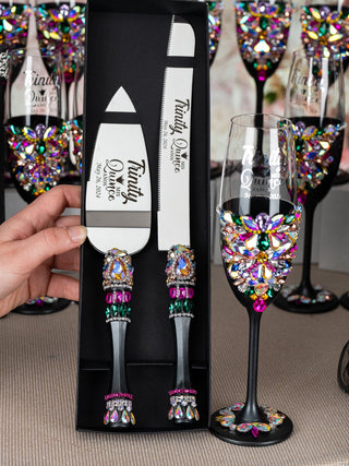 Day of the Dead quinceanera cake knife set with 1 glass