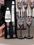 Day of the Dead quinceanera cake knife set with 2 glasses