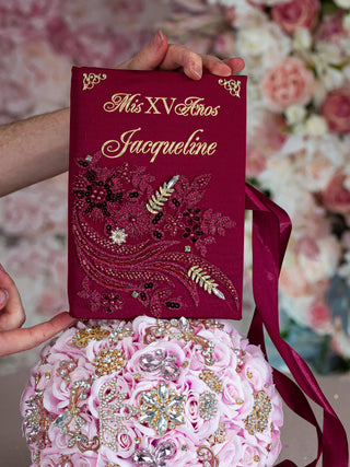 Burgundy gold quinceanera guest book with pen