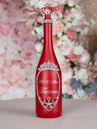 Red silver Quinceanera Bottle. Red Roses theme quinceanera champagne bottle labels