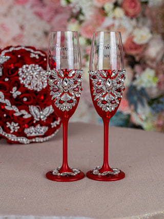 Red Silver 2 quinceanera champagne glasses