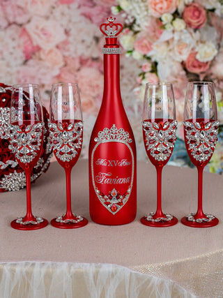 Red Silver Quinceanera Bottle with 4 Glasses