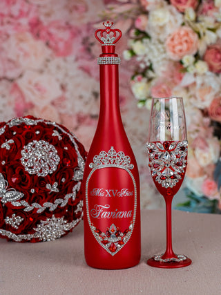 Red Silver Quinceanera Bottle with 1 Glass