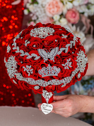 Red silver Quinceanera Package of Bottle, Glass and Candle