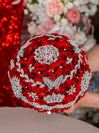 Red with silver quinceanera bouquet 13 inches