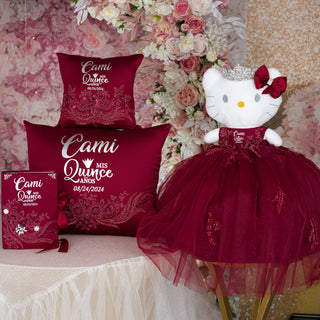 Burgundy silver quinceanera kneeling pillow, shoes pillow