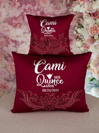 Burgundy silver quinceanera kneeling pillow, shoes pillow