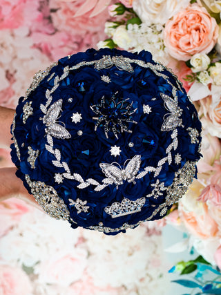 Navy Blue with silver quinceanera bouquet 13 inches