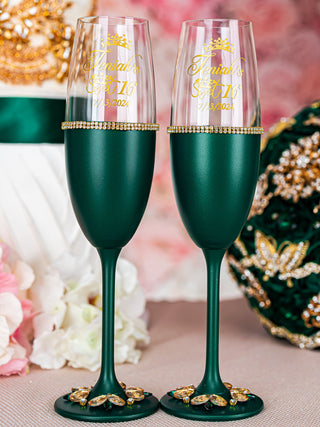 Green 6 quinceanera champagne glasses (simple design)