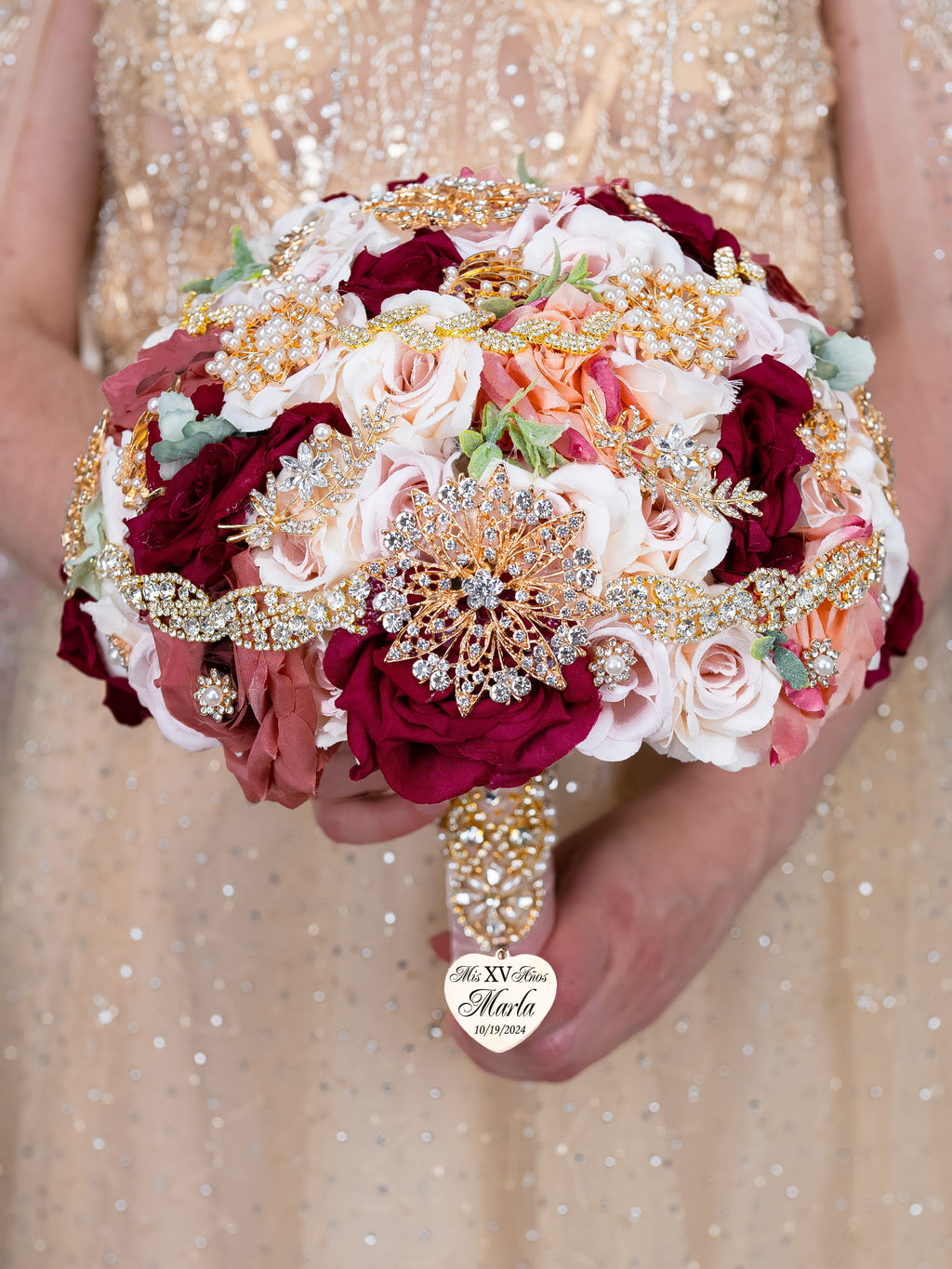 Ivory Pink Burgundy quinceanera bouquet Gold maroon quince