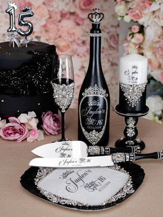 Black silver Quinceanera Package of Bottle, Glass and Candle