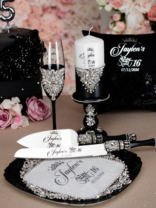 Black silver Quinceanera brindis package with candle