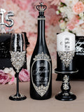 Black silver Quinceanera Package of Bottle, Glass and Candle