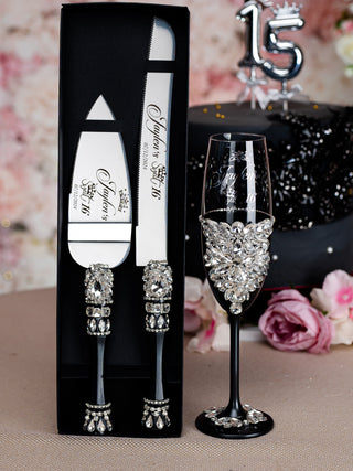 Black silver Quinceanera brindis package with candle