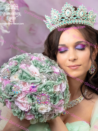 Sage green pink with tornaso Quinceanera Bouquet 9 inches