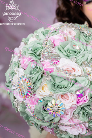 Sage green pink with tornaso Quinceanera Bouquet 9 inches