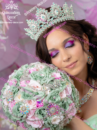 Sage green pink with tornaso Quinceanera Bouquet 9 inches