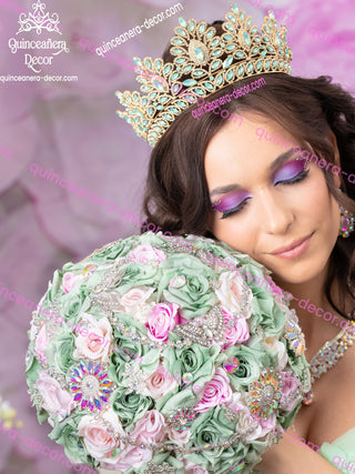 Sage green pink with tornaso Quinceanera Bouquet 13 inches