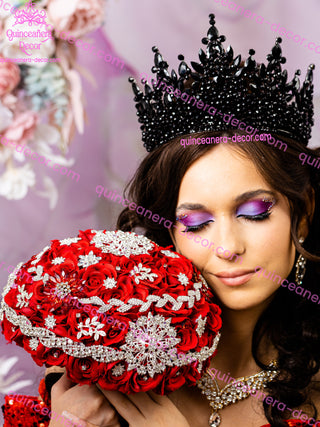 Red with silver quinceanera bouquet 13 inches