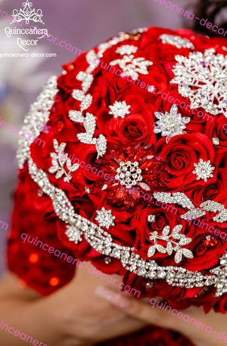 Red with silver quinceanera bouquet 13 inches