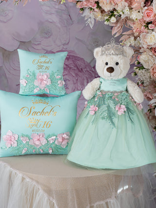 Sage greev with Lilac Quinceanera pillows set and teddy bear