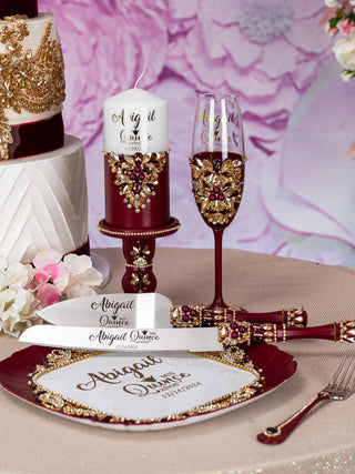 Burgundy quinceanera brindis package with candle