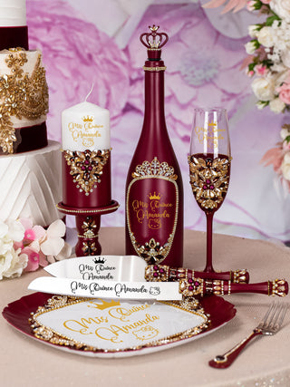 Burgundy quinceanera bottle Kitty design