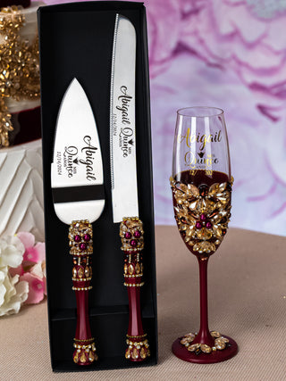 Burgundy cake knife set with 1 glass