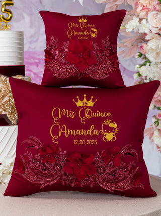 Burgundy Quinceanera pillows set and teddy bear Kitty design