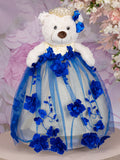 Royal blue silver last teddy bear with flowers for quinceanera