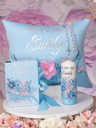 Light Blue with Pink Quinceanera pillows set, bible, candle, Kitty and bouquet 9 inches