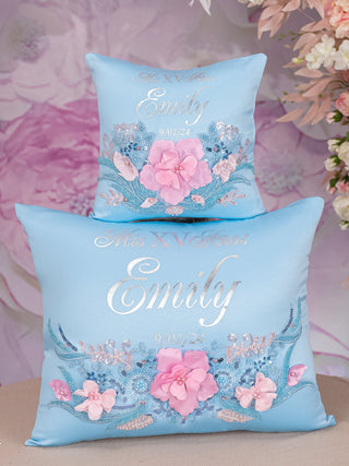 Light Blue with Pink Quinceanera pillows set and teddy bear