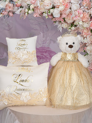 Gold Quinceanera pillows set and teddy bear