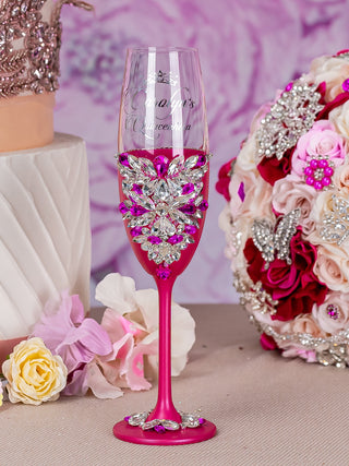 Fuchsia quinceanera cake knife set with 1 glass